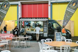 Food truck in Strasbourg selling traditional Alsatian food for customers