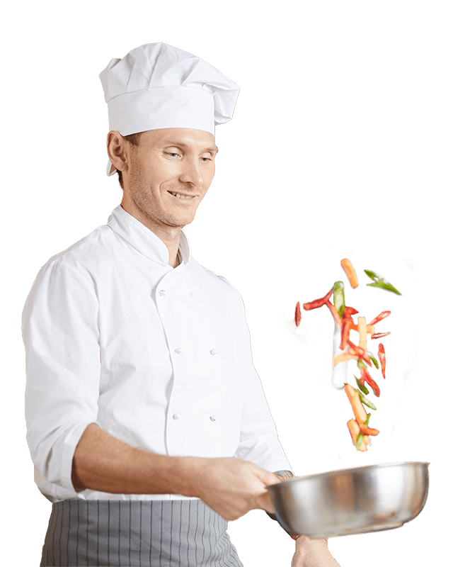 A chef tossing sautéed vegetables in a pan.