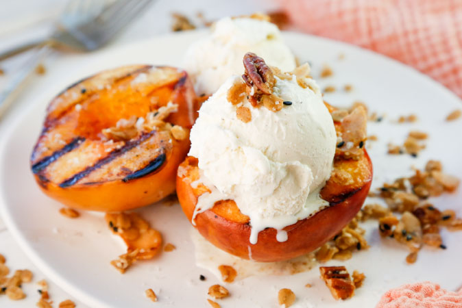 Grilled Summer Peaches w:Maple Sesame Toasted Oats & Vanilla Bean Ice Cream